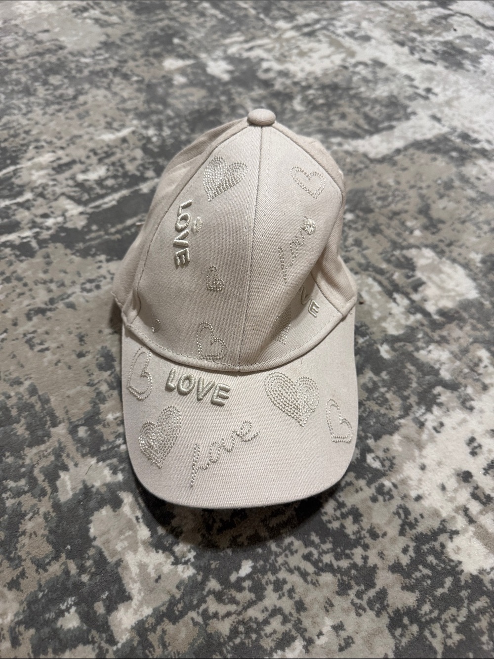 Source Unknown Cream Baseball Cap with Embroidered Hearts & LOVE